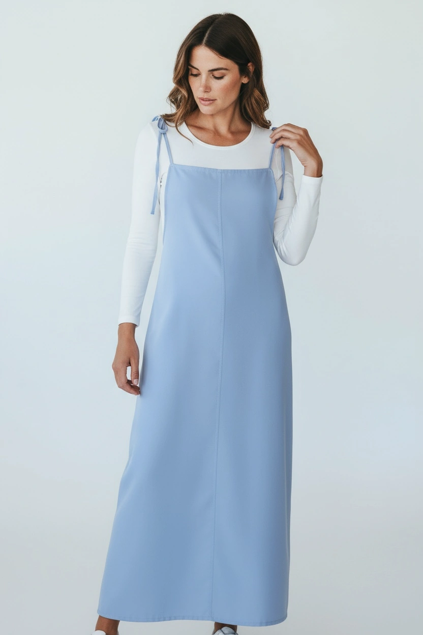Kadın Ayarlanabilir İp Askılı Dabıl Kumaş Elbise Mavi