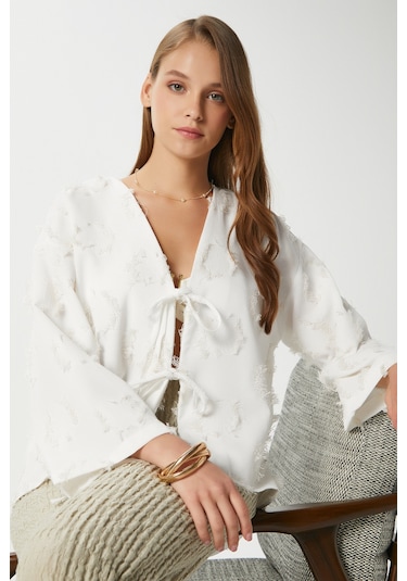 Ritnice Kadın Harmony Bağcıklı Ekru Kimono Gömlek Ekru