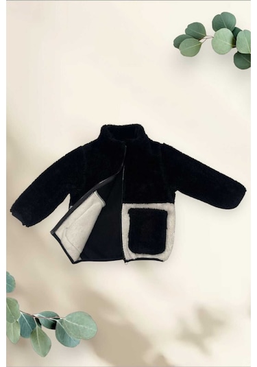 Kız Çocuk Peluş Siyah Ekru Cepli Fermuarlı Welsoft Kışlık Mont Siyah