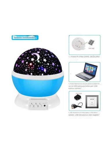 Dekoratif Çocuk Odası Gece Lambası Projeksiyon Dönen Ay Yıldız Mavi