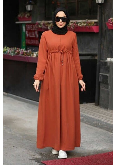 Neways 6497-Krep Süs Bağcıklı  Büzgülü  Elbise Kiremit