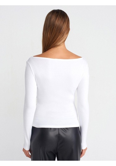 31401 Büzgülü Kayık Yaka Top-beyaz-870 Beyaz