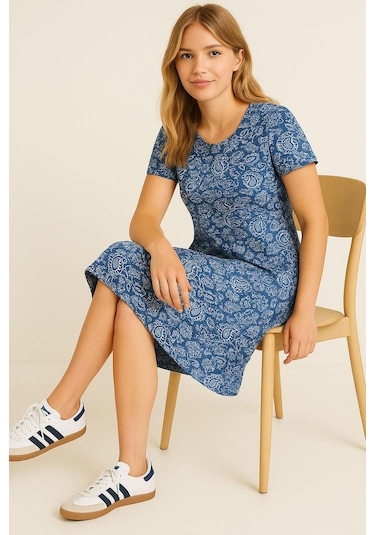 2 Adet Dökümlü Rahat Kalıp Günlük Penye Kumaş Elbise İndigo-mavi