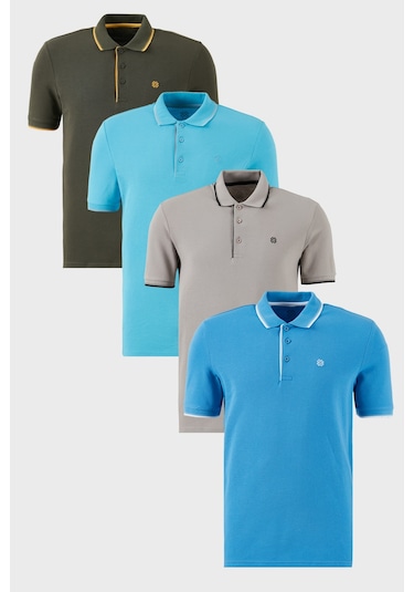 Buratti Pamuklu Slim Fit Şerit Detaylı Düğmeli Polo Yaka 4'Lü Paket Erkek T Shirt 5902118S4 Aquamavi-Hakisarı-Taş-Koyu Mavi