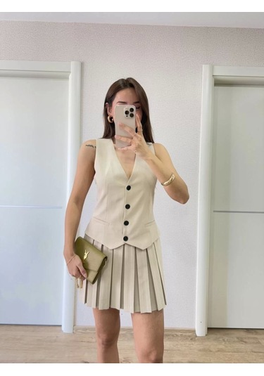 Keten Takım Görünümlü Düğme Detaylı Yelekli Mini Elbise - Bej Bej