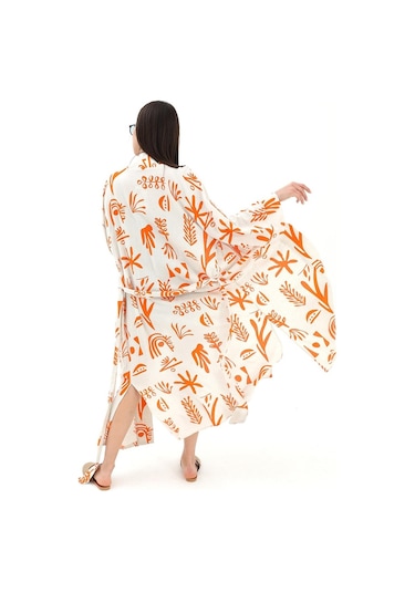 Baskılı Keten Kimono - Turuncu-turuncu Turuncu