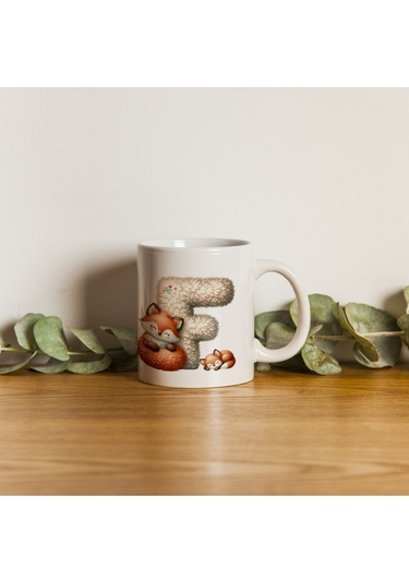 F Harfi Tasarım Bardak, Sevimli Hayvan Temalı Harf Bardağı Beyaz