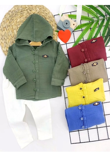 9-12-18-24 Ay Nefes Alan Organik Kumaş Kapşonlu Düğmeli 2li Erkek Bebek Takımı Sarı Sari