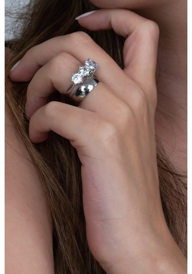 Takı Dükkanı Rodyum Kaplama 6mm Gümüş Alyans Ve Gümüş Beştaş Yüzük Seti Wsr121