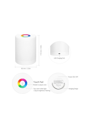 Geeksen Led Yatak Odası Lambası, Dokunmatik Kontrol, 3 Seviye Isınak Beyaz Işık, Rgb Renkli Ambiyans Işığı, Şarj Edilebilir, Duvara Asılabilir/sabitlebilir Beyaz Diğer