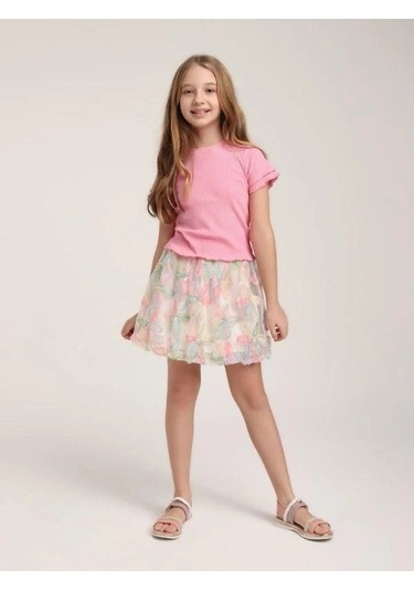 Kız Çocuk Bel Lastikli Tül Çiçek Desenli Balon Etek-15619 Çok Renkli