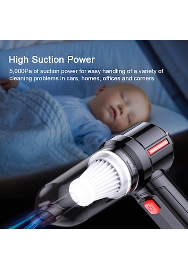 Monyee Kablosuz Araç Süpürgesi 120w 5000pa, Çekme/üfleme/filtre, Şarjlı Pil, Frenli Aksesuar Seti, Siyah