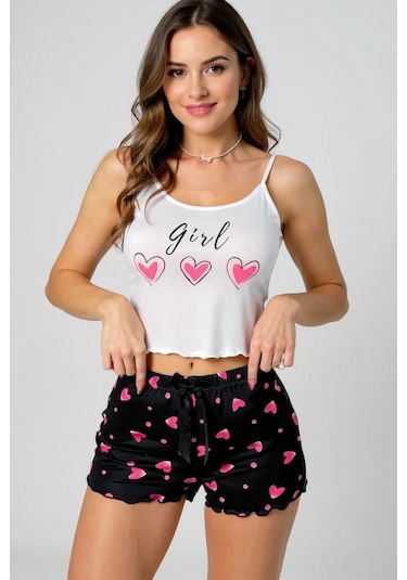 Madamora Kalp Desenli Askılı Şortlu Pijama Takımı Siyah