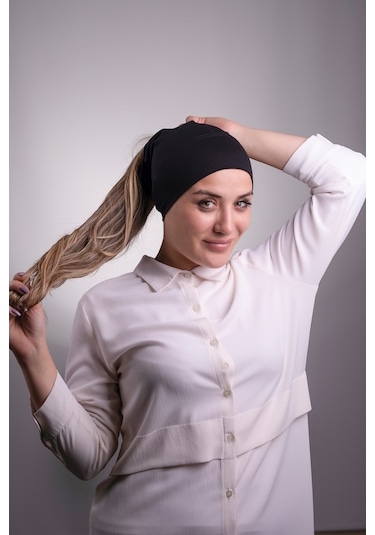 Halven Siyah Pratik Hazır Geçmeli Iç Bone Viskon Kumaş Dikişsiz Boru Bon Siyah