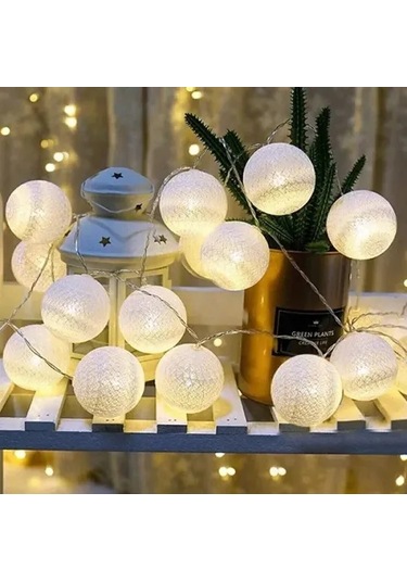 2m 10'lu Işıklı Beyaz Top Dekoratif Süs Beyaz