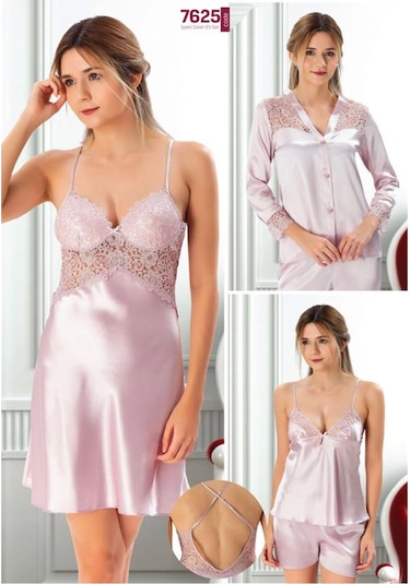 7625 Çeyizlik Dantelli Saten 6'lı Set -pudra Pudra