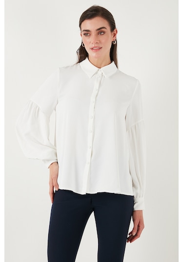 Lela Regular Fit Dikiş Detaylı Düz Yaka Balon Kol Bayan Gömlek 611Go00003 Ekru