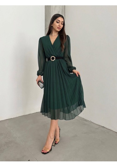 Tua Moda Kadın Şifon Kumaş Astalı Kloş Kesim Kruvaze Yaka Midi Boy Elbise Zümrüt Yeşili