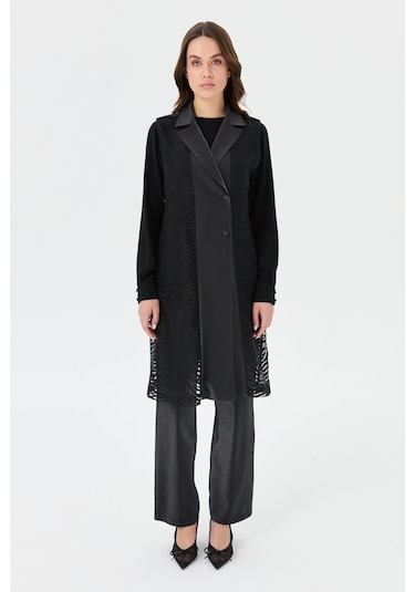 Jakar Kumaşlı Uzun Ceketli Pantolonlu Takım Siyah Siyah