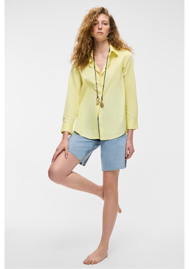 DELFINO Kadın Oversize %100 Organik Pamuk Uzun Kollu İnce Uzun Sarı Gömlek