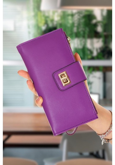 Mor Cüzdan Kağıt Bozuk Para Bölmeli Cüzdan Kilitli Bilek Asılı Siyah