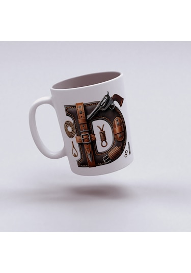 D Harfi Kovboy Temalı Bardak 330 Ml İsim / Harf Kişiye Özel Hediye - Vahşi Batı Konsept Beyaz