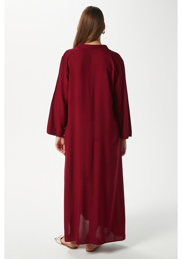 Prive Kadın Plain Bordo %100 Viskon Maksi Boy Cepli Yazlık Uzun Elbise