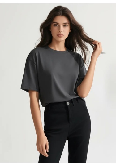 Enva Store Kadın Oversize Fit Yuvarlak Yaka Modal Basic T-shirt Tişört Antrasit