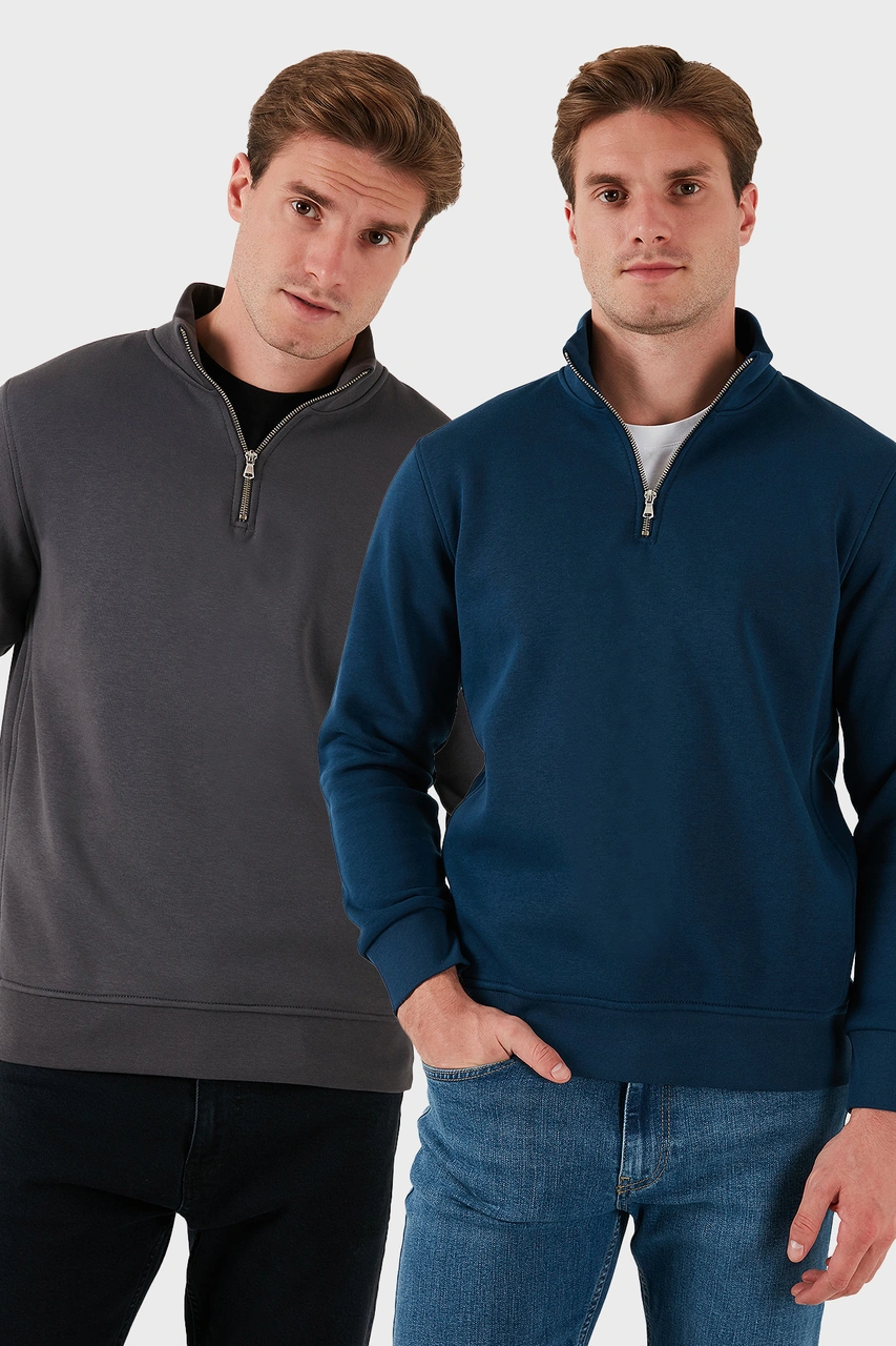 Buratti Pamuklu Regular Fit Dik Yaka 2'Li Paket Erkek Sweat 59052592S2 Antrasit-Indigo
