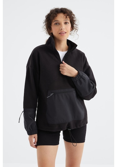 Tommy Life Siyah Etek Ucu Büzgülü Yarım Fermuarlı Oversize Kadın Polar Sweatshirt - 97238 Siyah