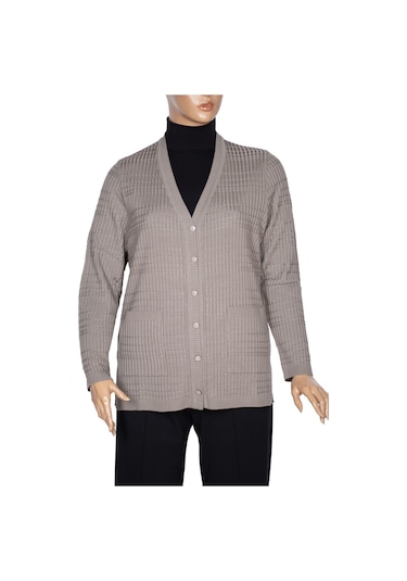 Hesna Kadın Nilay Anne Cepli Düğmeli Taş Beji Triko Ceket 001