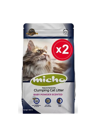 Micho Bebek Pudra Kokulu Topaklaşan Kalın Bentonit Kedi Kumu 2 x 7500 G