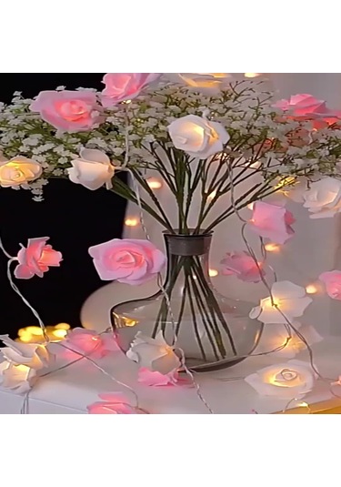 Youmex 3m 20 Led Yapay Gül Dekoratif Işık Zinciri - Pembe+beyaz Renkli, Nikah/parti/valentine Dekoru Pembe Beyaz