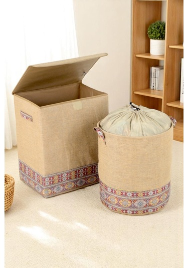 İronika Etnik Desenli Dolap İçi Organizer Oyuncak Kutusu Eşya Çamaşır Sepeti Düzenleyici Kutu 2li Set Bakır