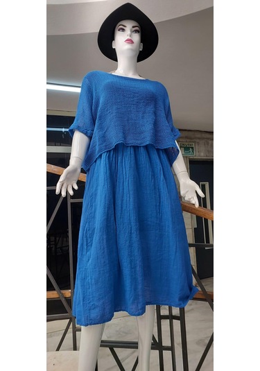 İtalyan Müslin Keteni Üstü File Bluzlu Astarlı Tek Parça Elbise Saks Mavisi