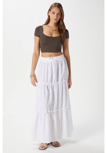 Kadın Elanora Beyaz Astarlı Katlı Poplin Etek Beyaz