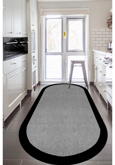 Decomia Home DC-5034 Dijital Kaymaz Gri Jüt Görünümlü Oval Siyah Çerçeveli Mutfak Salon Halısı Yolluk
