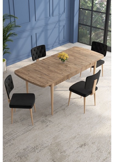 Lars Atlantik 80x132 Açılabilir Mdf Masa Yemek Odası Takımı,mutfak Takımı 4 Adet Sandalye Siyah
