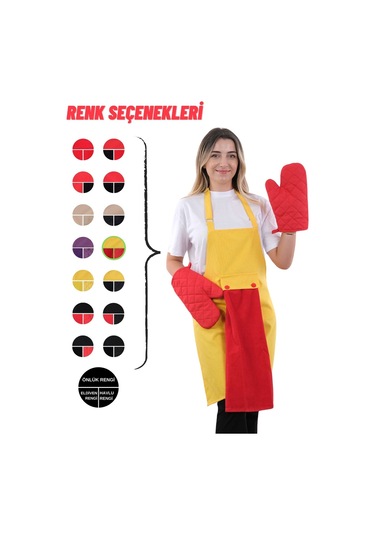 Star Ayar Askılı Havlulu 4lü Mutfak Önlüğü Seti 2 Eldiven Sarı-kırmızı-kırmızı