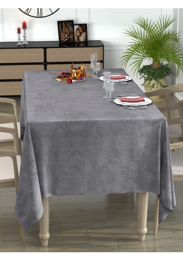 Daily Series Kadife Dokulu Gri Renk Masa Örtüsü Gri