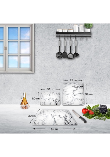 Decorita Cam Kesme Tahtası | Beyaz Mermer Görünümlü | 3'lü Takım