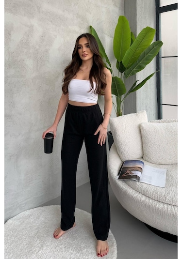 Kadın Siyah Yüksek Bel Fitilli Bol Paça Günlük İnce Eşofman Altı