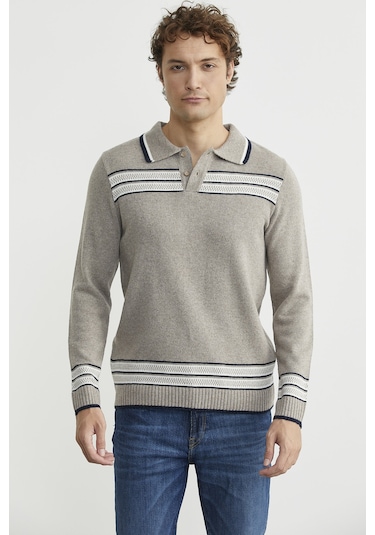 Polo Yaka Kilim Motifli Triko Kazak - Vizon Vizon