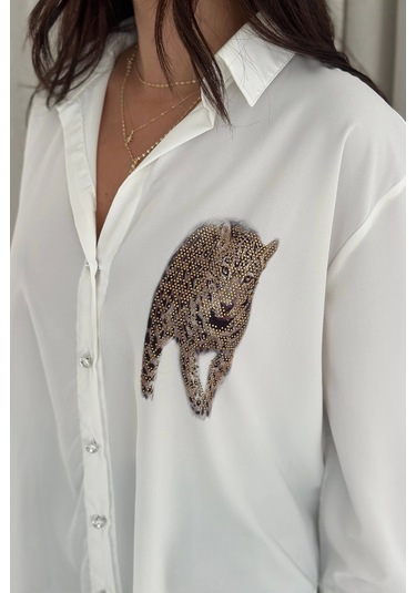Kaplan Desen Baskılı Taşlı Gömlek Beyaz