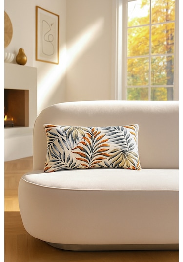 Duck Yapraklı Kırlent Kılıfı Mavi Kiremit V1 35x50 Mavi - Turuncu