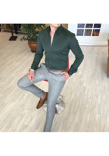 Italyan Stil Slim Fit Dik Yaka Saten Erkek Gömlek Yeşil T4743