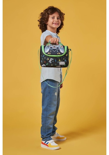 Coral High Kids Siyah Fosforlu Yeşil Gamer Desenli Thermo Beslenme Çantası 11887