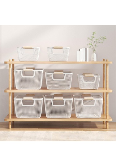 Suntek Ahşap Saplı Metal Tel Saklama Sepeti Makyaj Düzenleme Beyaz