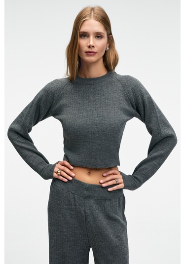 Grımelange Marıposa Kadın Yuvarlak Yaka Çizgi Desenli Crop Geniş Paça Triko Antrasit Alt-üst Takım Antrasit