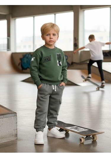Zekids Erkek Çocuk Şardonlu Baskılı Eşofman Takım-16398 Yeşil
